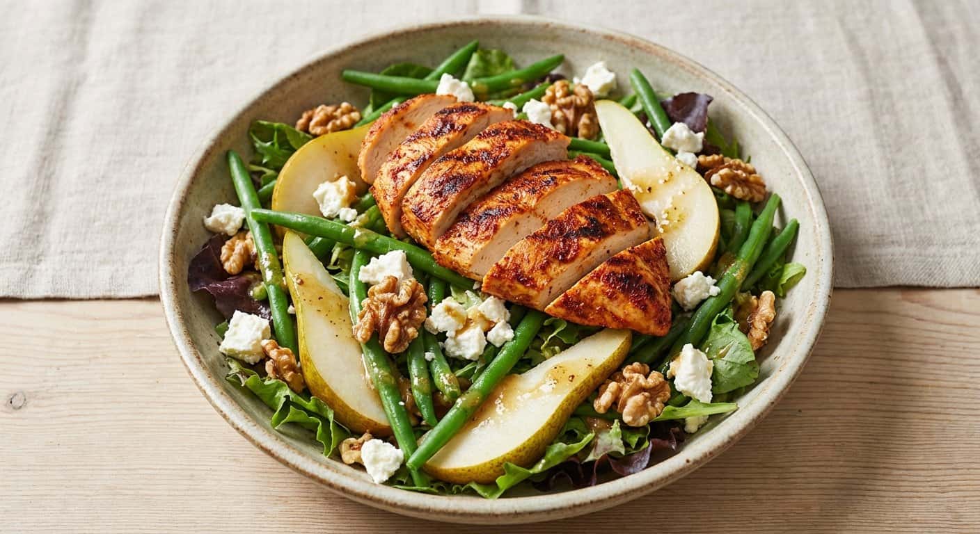 Ensalada de pollo especiado con judías verdes y pera