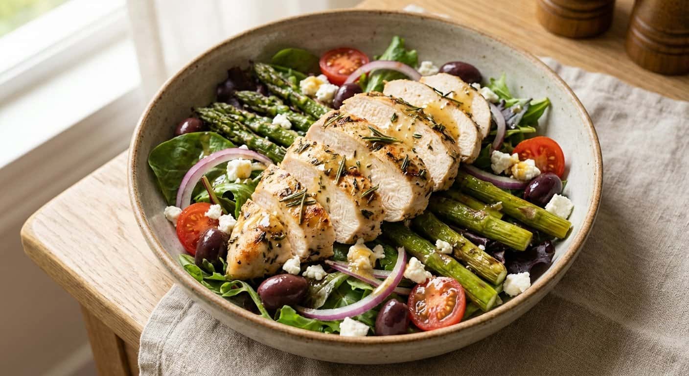 Ensalada de Pollo Marinado con Espárragos y Cebolla Morada