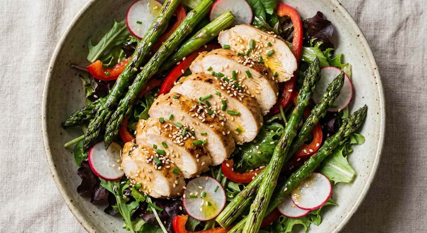 Ensalada de Pollo Marinado con Espárragos y Semillas de Sésamo