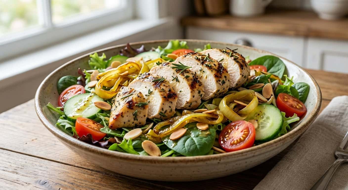 Ensalada de Pollo Marinado con Puerro y Almendras