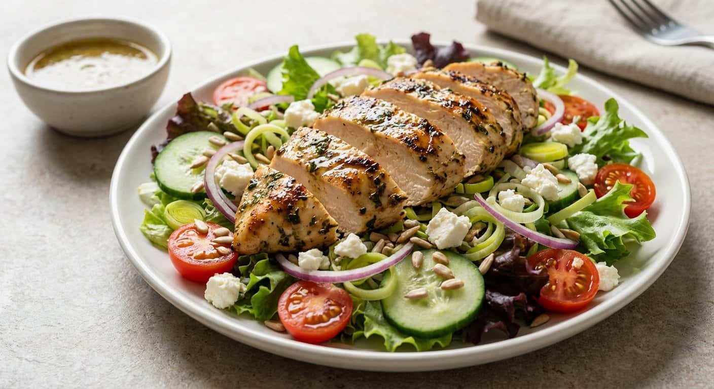 Ensalada de Pollo Marinado con Puerro y Cebolla Morada