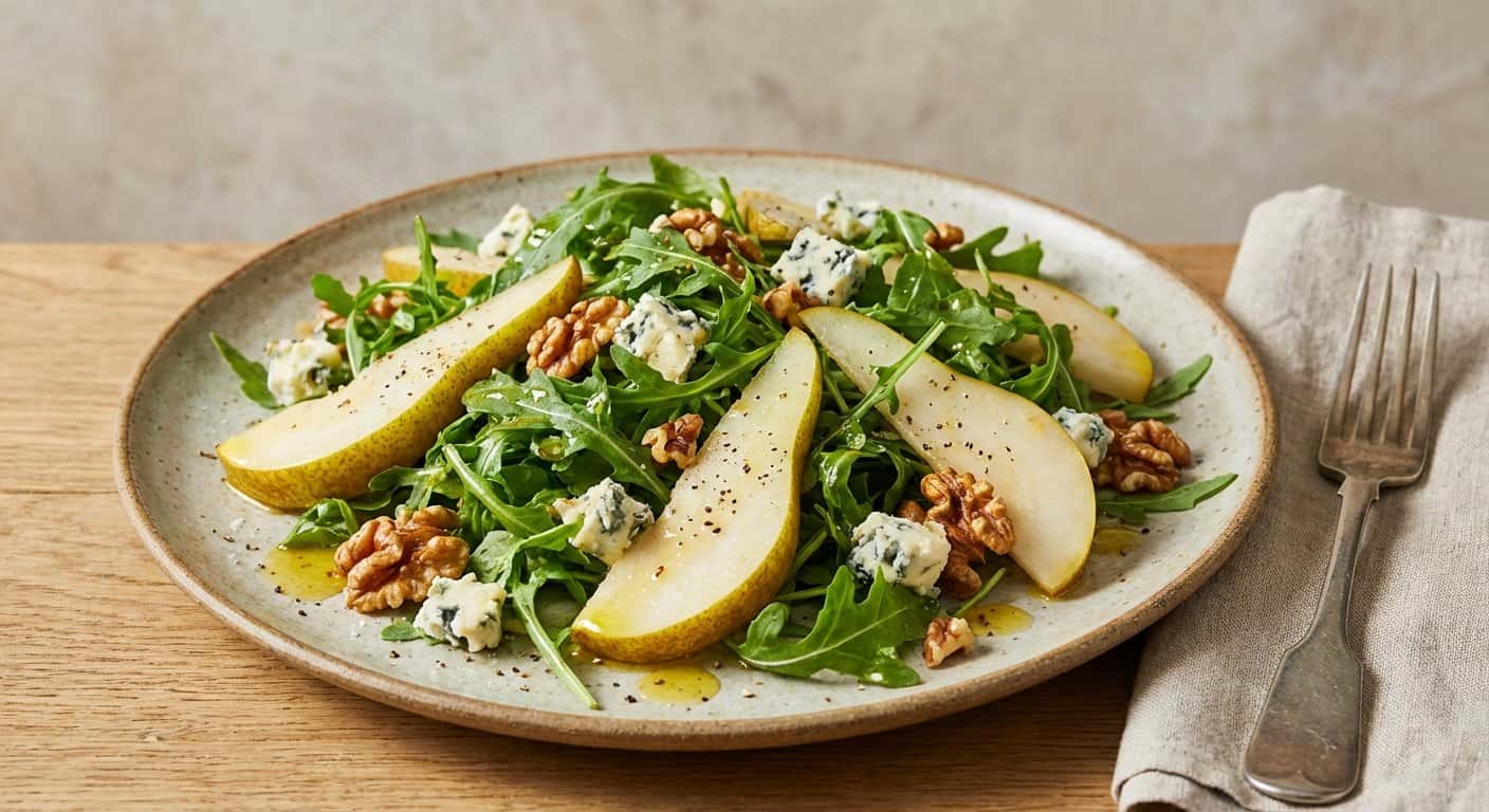 Ensalada de rúcula, pera y queso azul con nueces tostadas