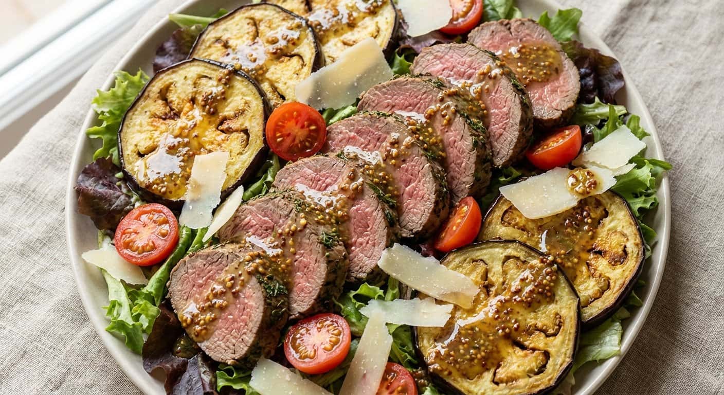 Ensalada de Ternera Marinada con Berenjena y Vinagreta de Mostaza