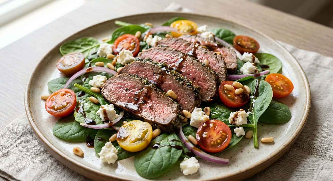 Ensalada de ternera marinada con espinacas y vinagreta de vinagre balsámico