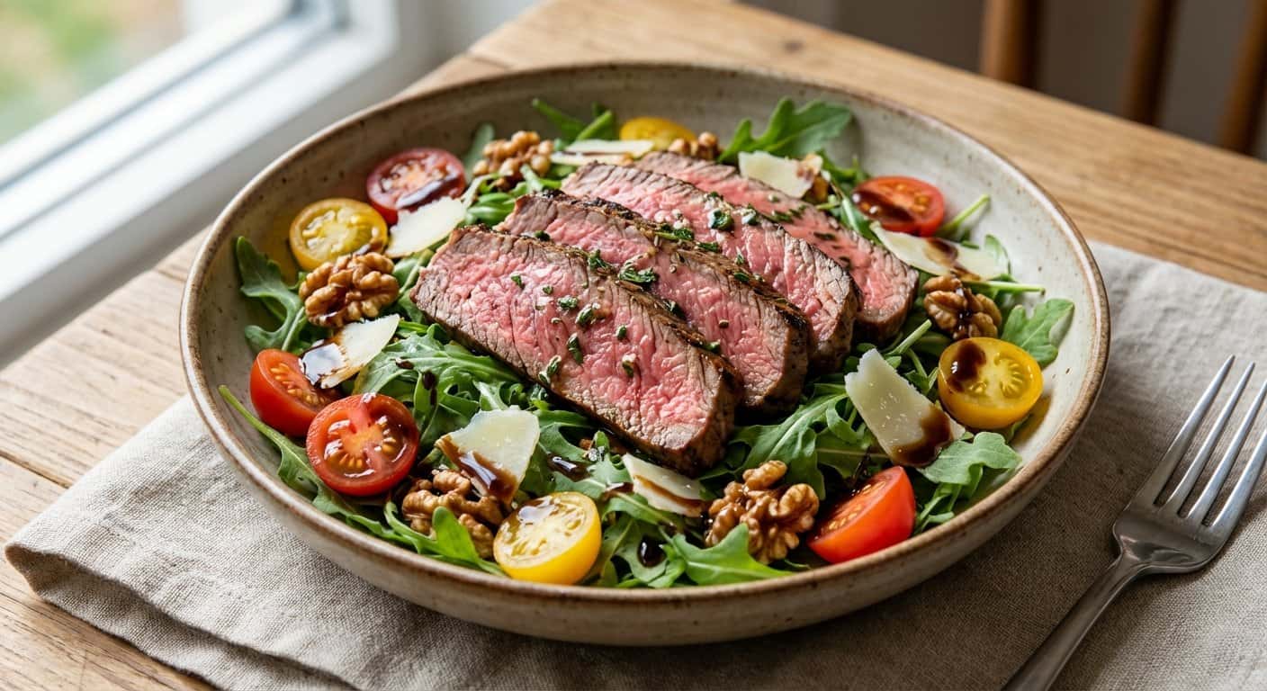 Ensalada de Ternera Marinada con Rúcula y Vinagreta de Vinagre Balsámico