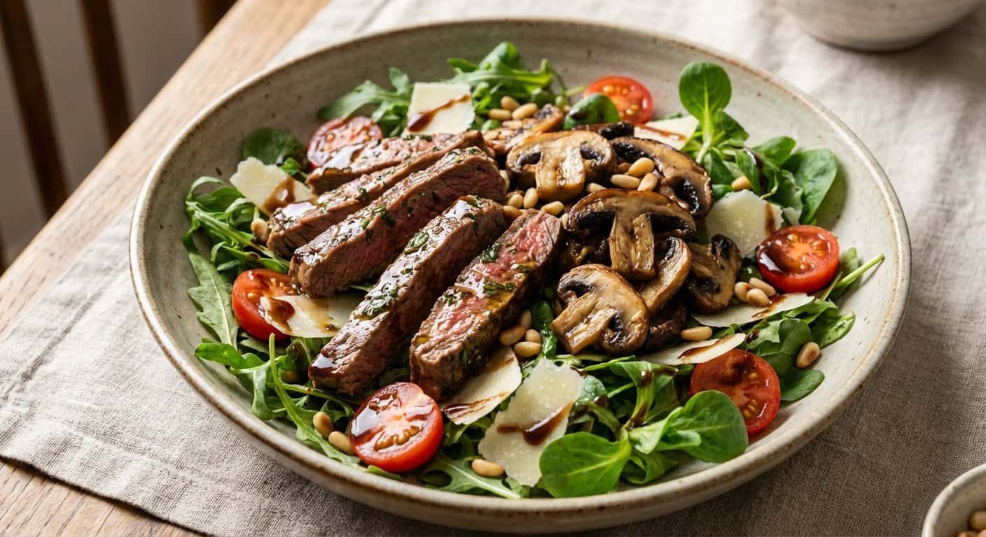 Ensalada de Ternera Marinada con Setas y Vinagreta de Vinagre Balsámico