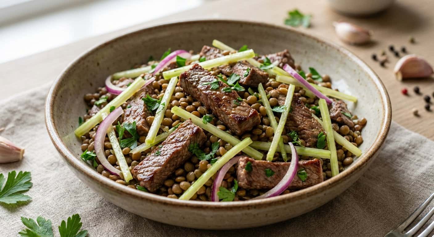 Ensalada de Ternera Salteada con Apio y Lentejas