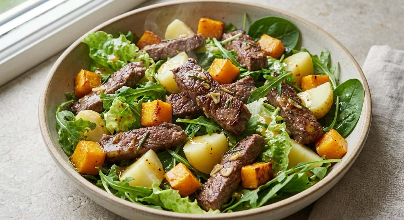 Ensalada de ternera salteada con calabaza y patata cocida
