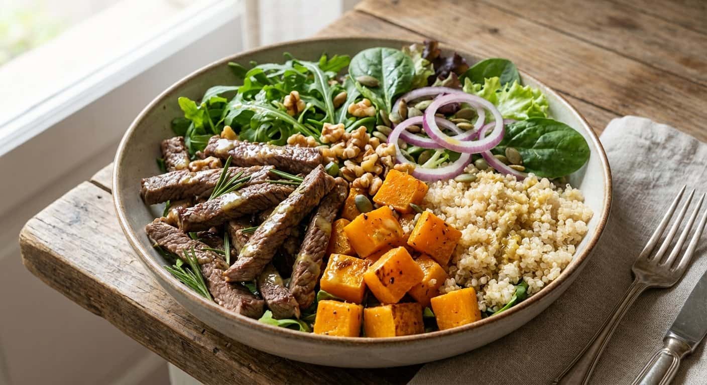 Ensalada de Ternera Salteada con Calabaza y Quinoa