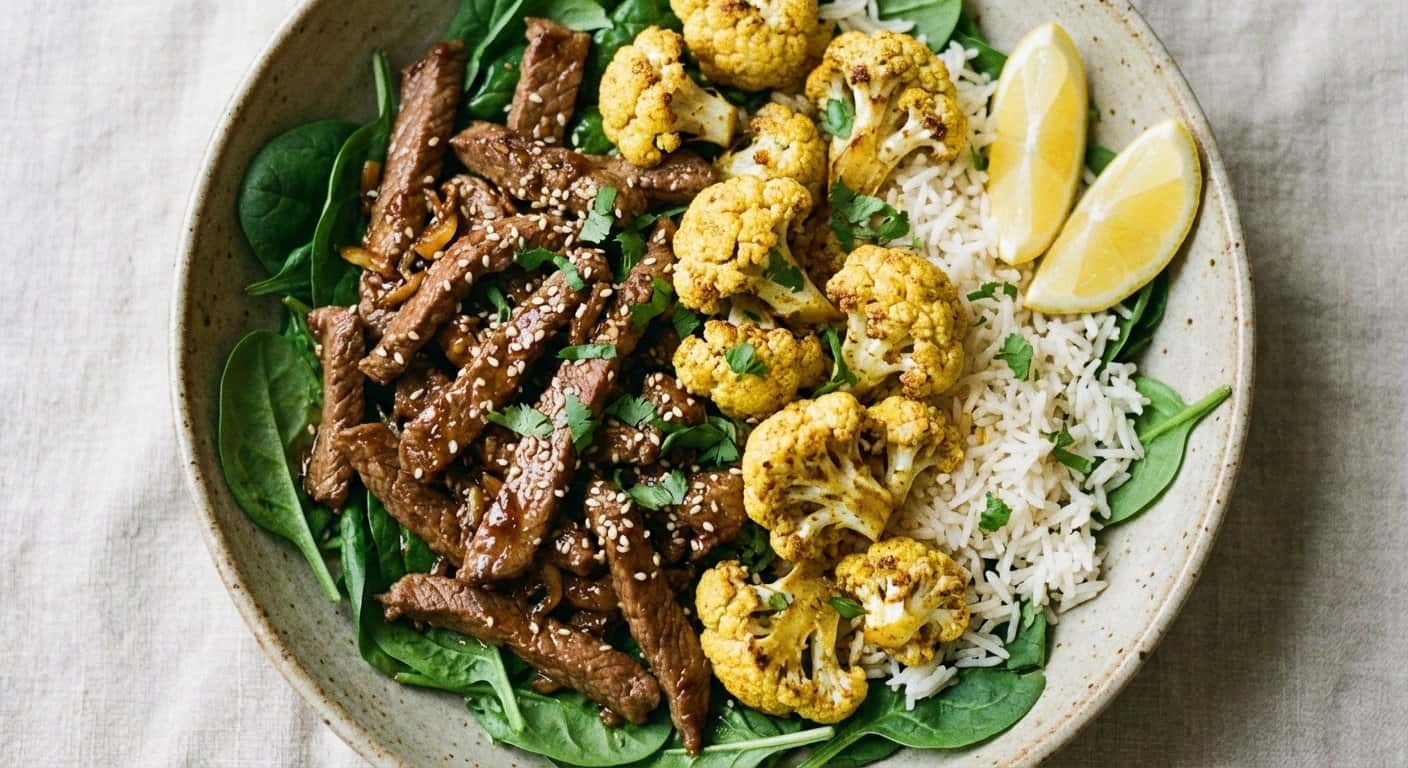 Ensalada de Ternera Salteada con Coliflor y Arroz Basmati