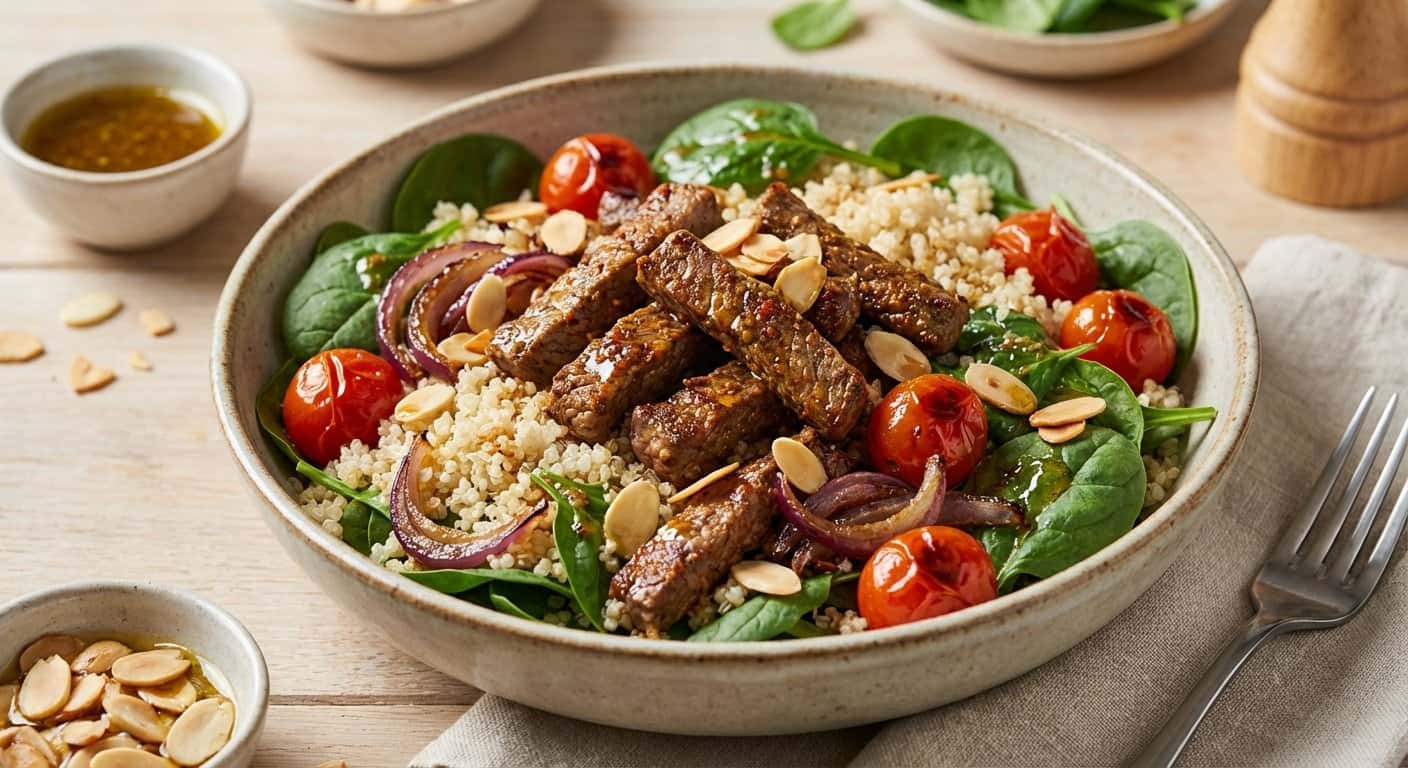 Ensalada de Ternera Salteada con Espinacas y Quinoa