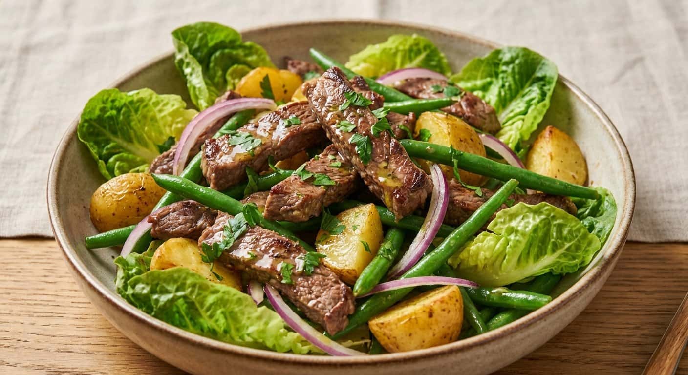 Ensalada de Ternera Salteada con Judías Verdes y Patata Cocinada