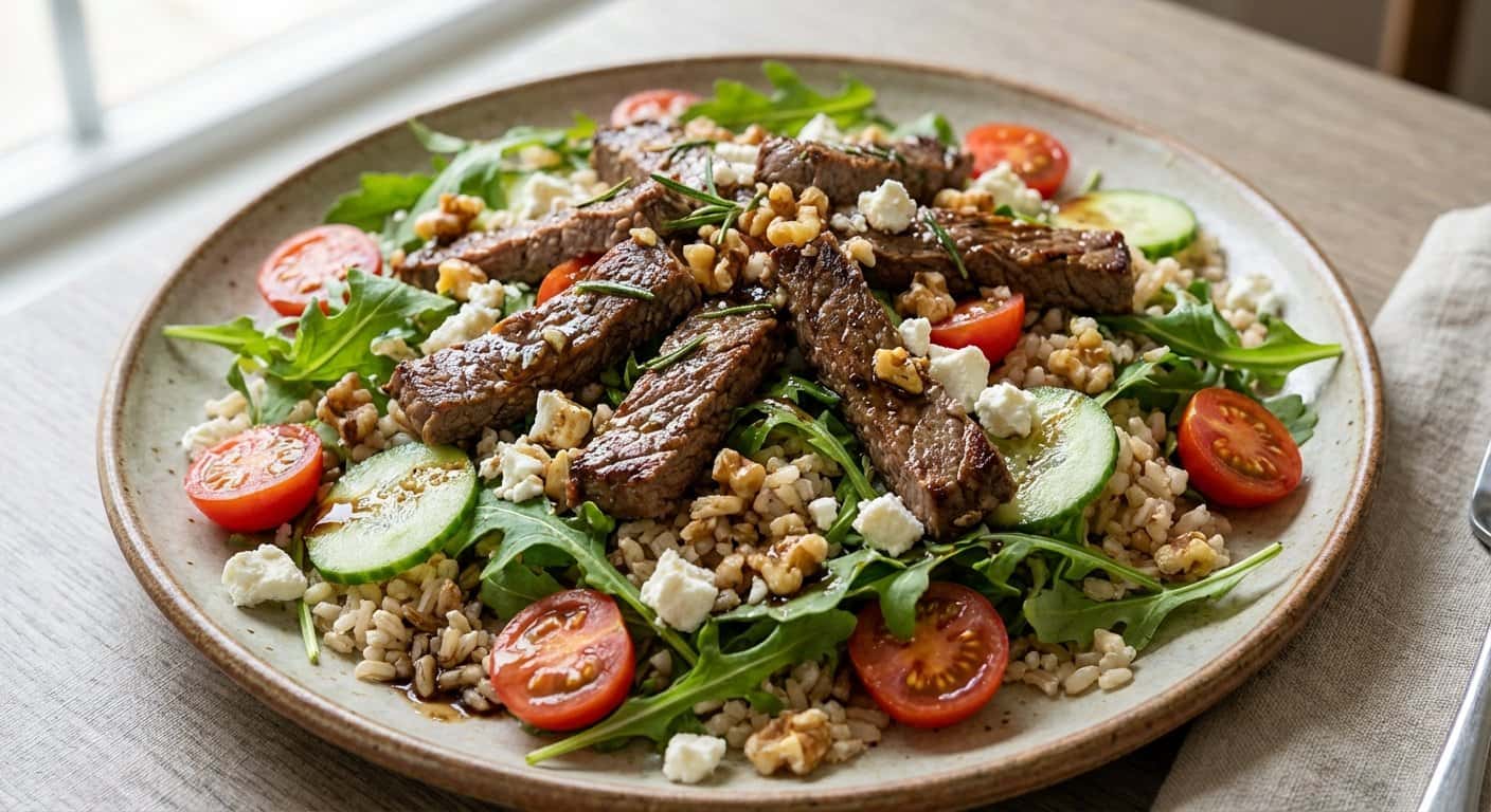 Ensalada de Ternera Salteada con Rúcula y Arroz Integral