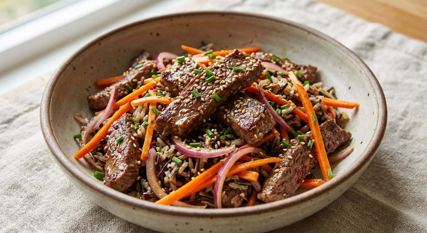 Ensalada de Ternera Salteada con Zanahoria y Arroz Salvaje