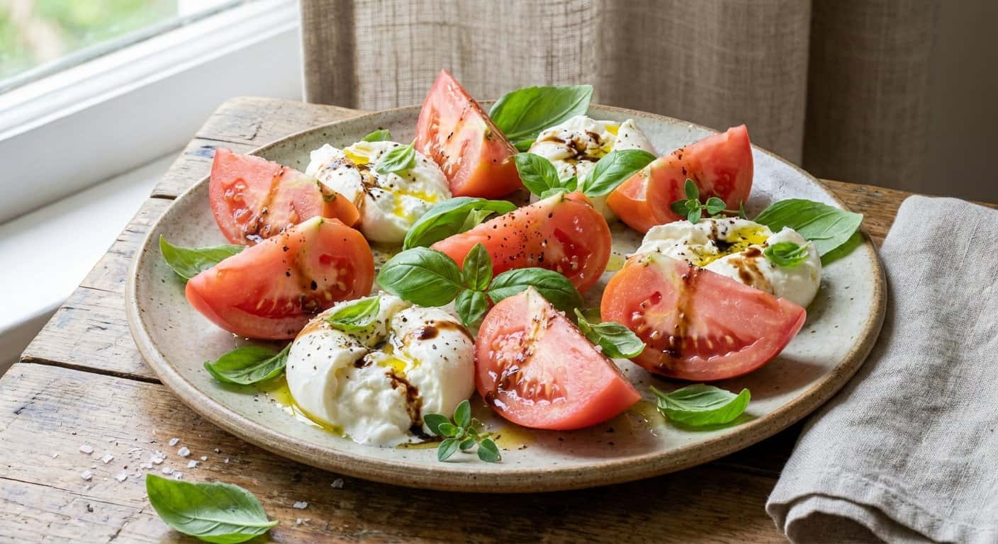 Ensalada de Tomate Rosa con Burrata y Albahaca