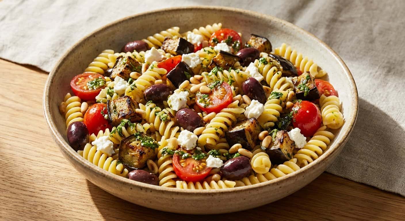 Ensalada fría de pasta con berenjena y vinagreta de hierbas