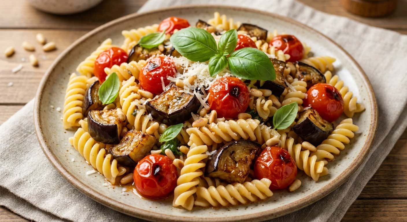 Ensalada fría de pasta con berenjena y vinagreta de tomate