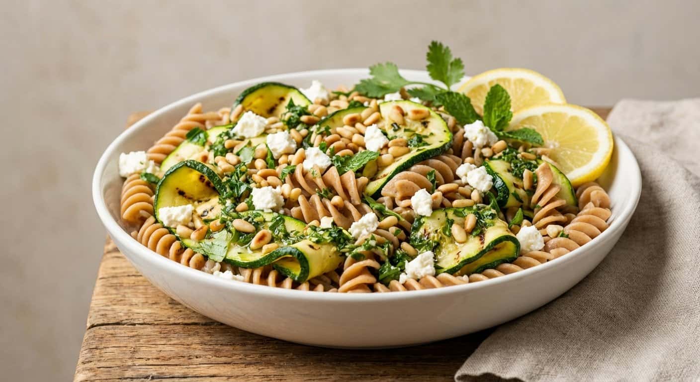 Ensalada fría de pasta con calabacín y vinagreta de hierbas