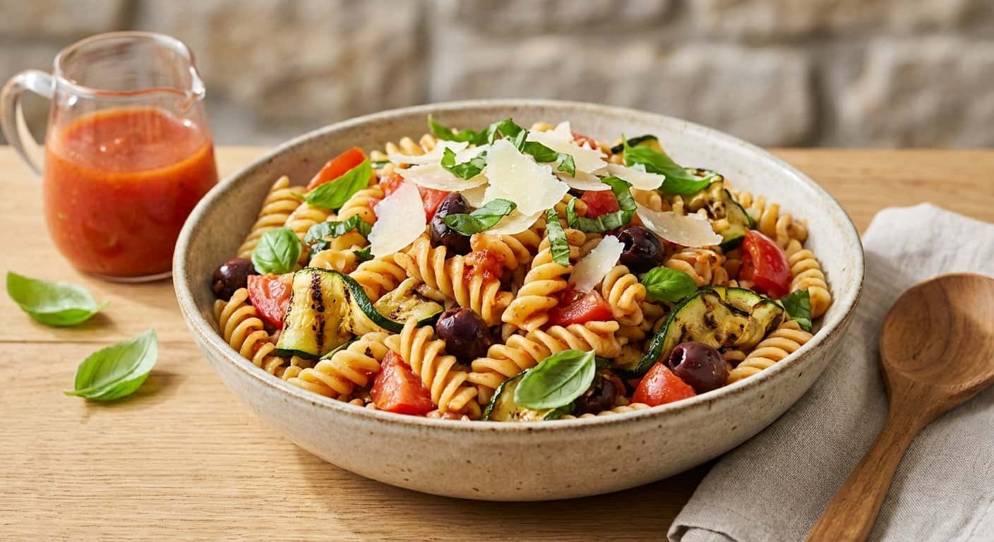 Ensalada fría de pasta con calabacín y vinagreta de tomate