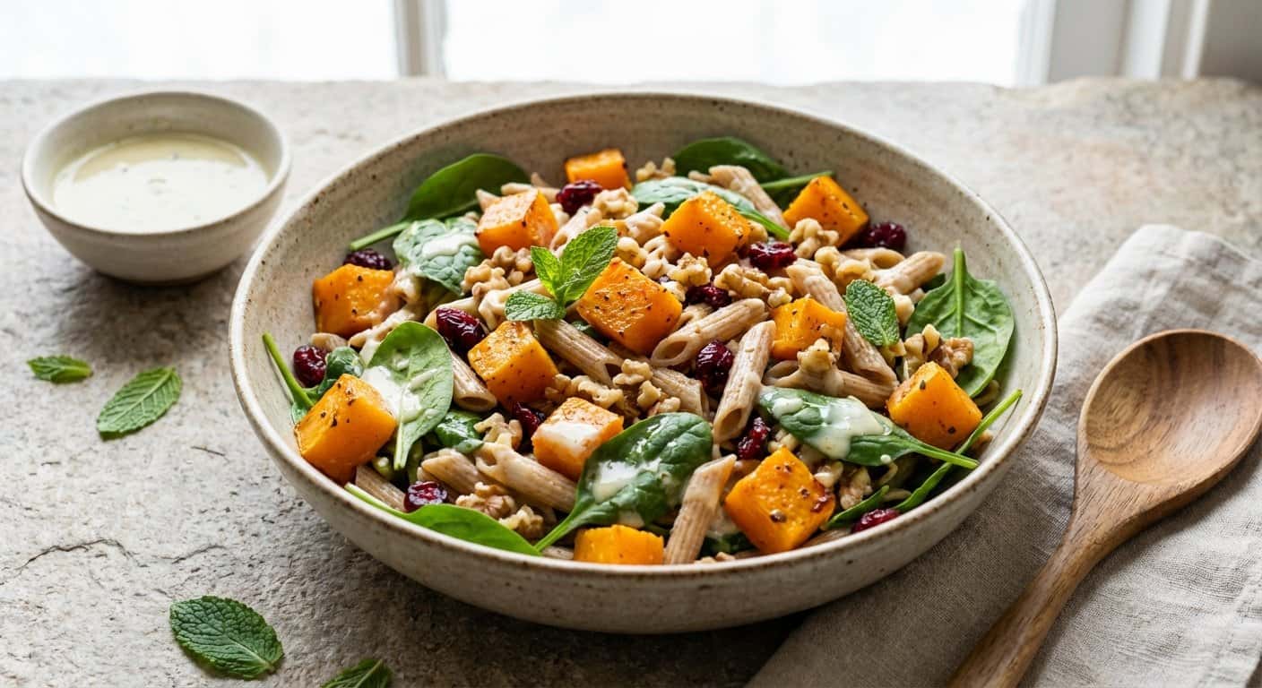 Ensalada fría de pasta con calabaza y vinagreta de yogur