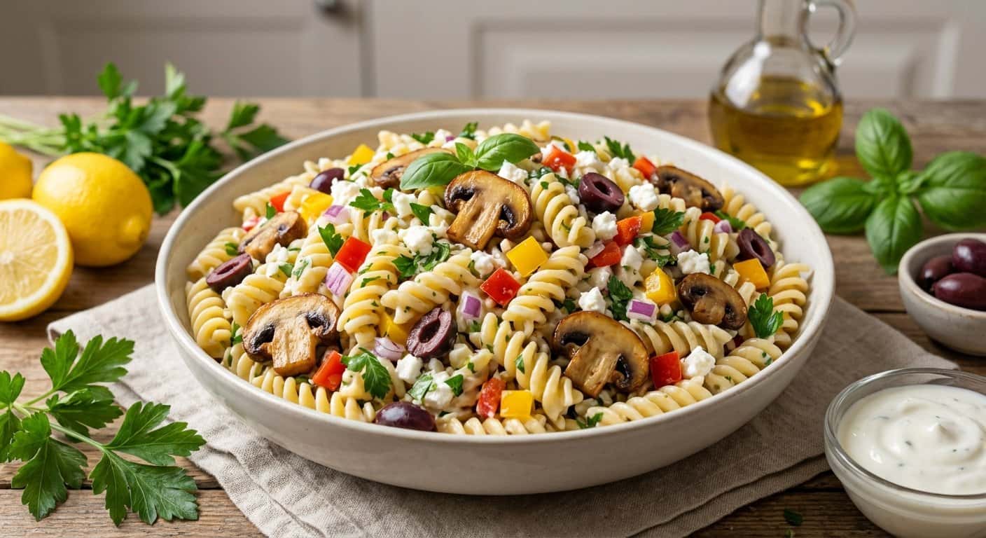 Ensalada fría de pasta con champiñones y vinagreta de yogur