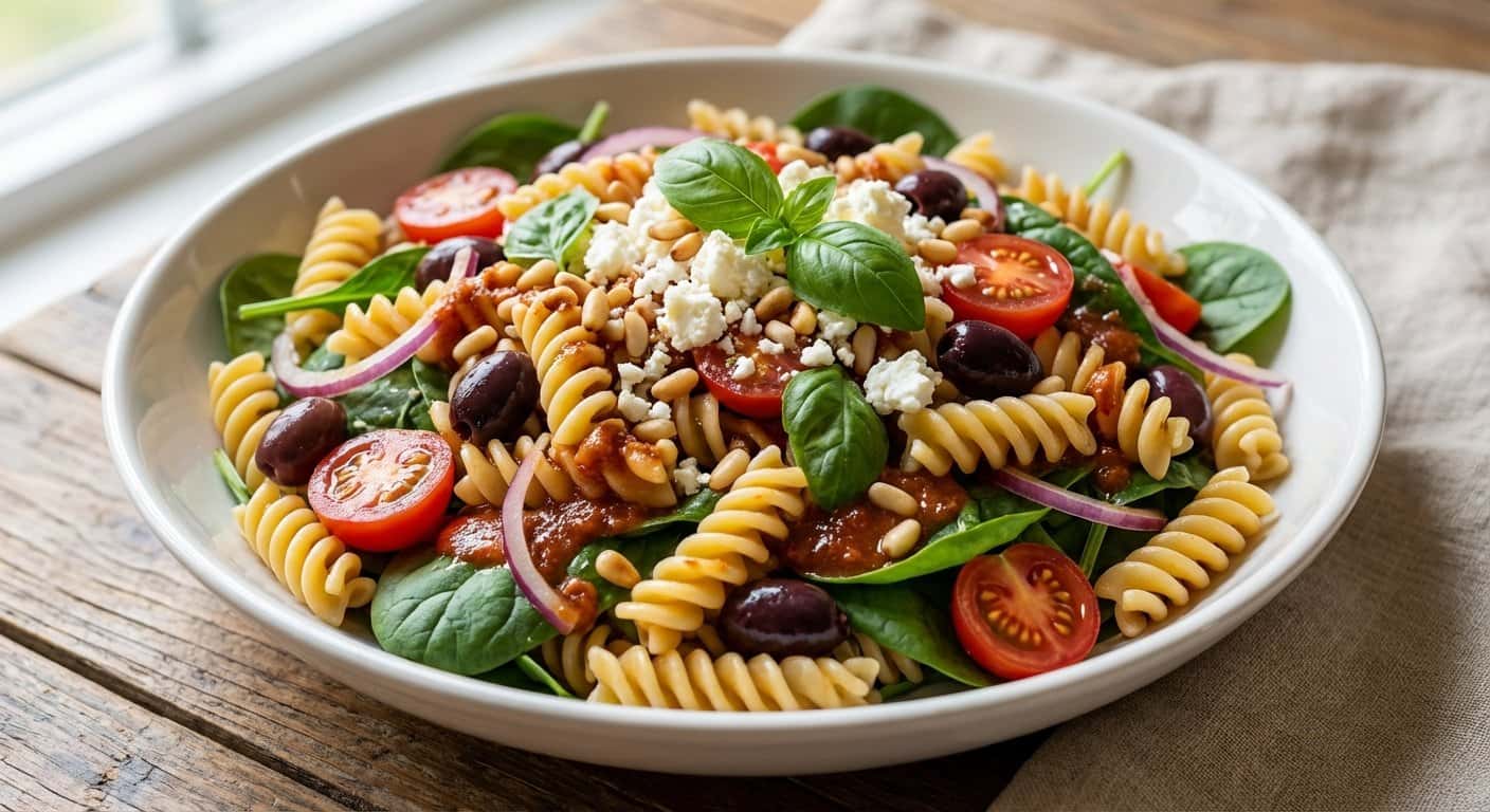 Ensalada fría de pasta con espinacas y vinagreta de tomate