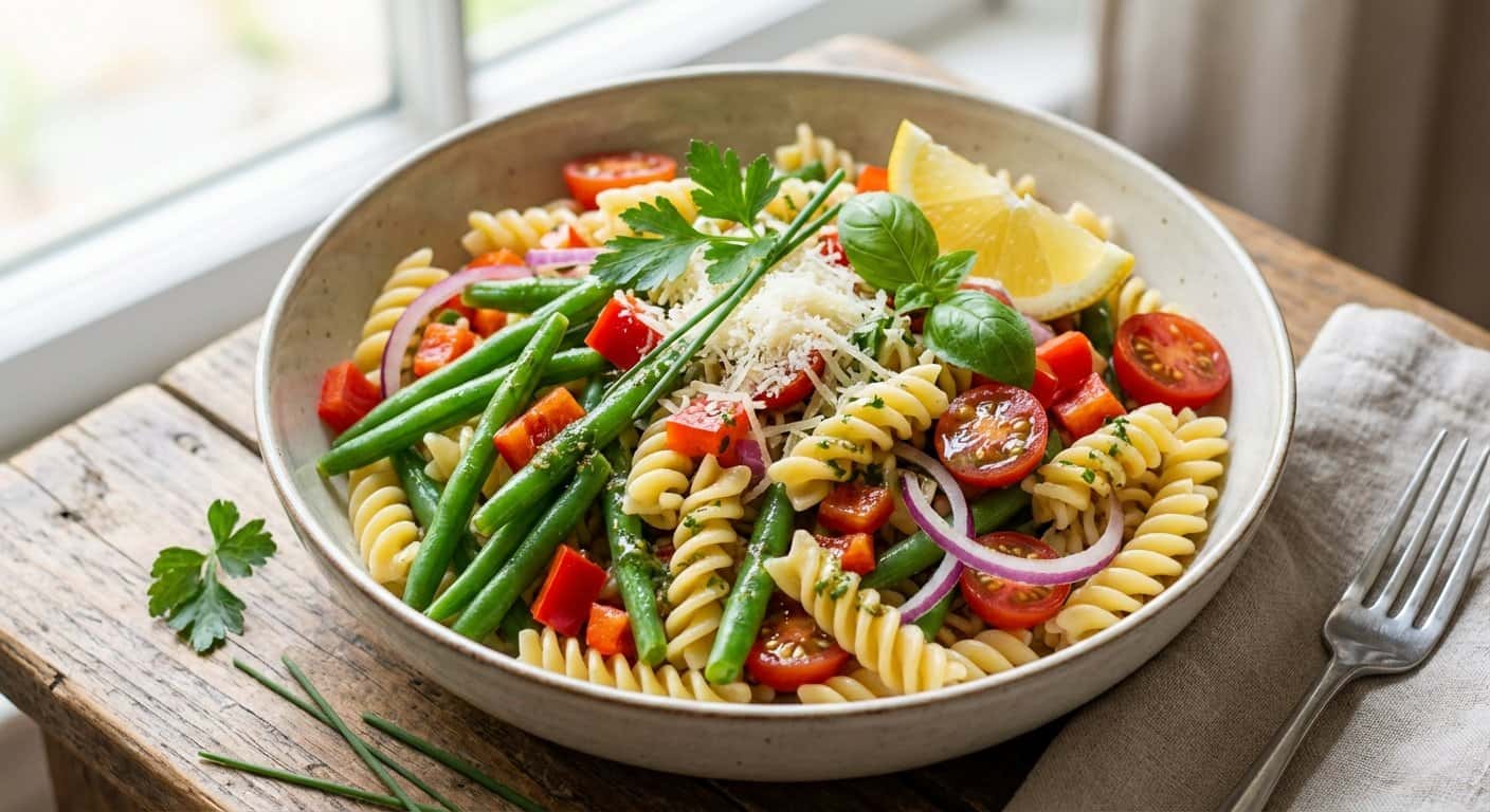 Ensalada fría de pasta con judías verdes y vinagreta de hierbas