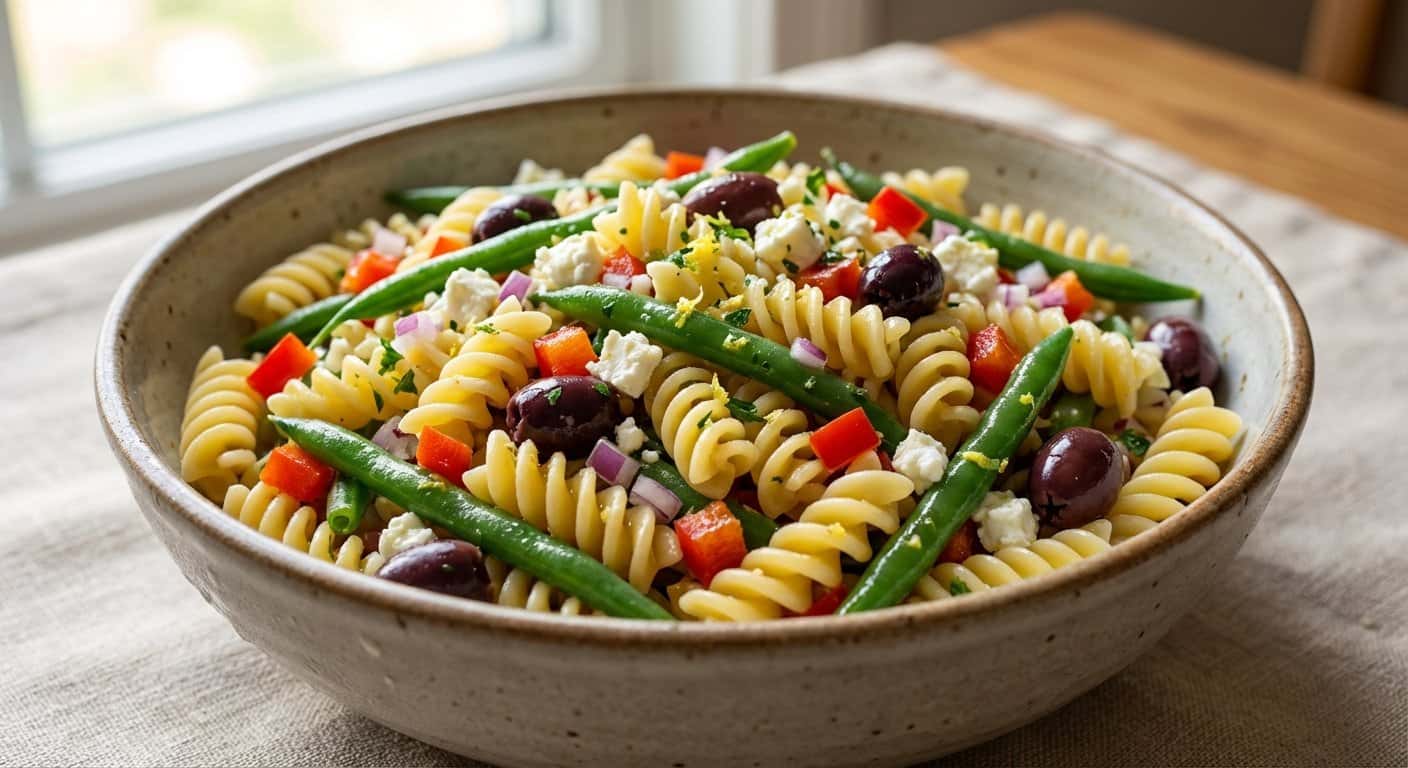 Ensalada fría de pasta con judías verdes y vinagreta de limón