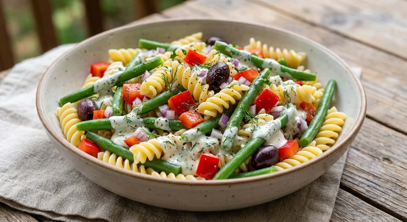 Ensalada fría de pasta con judías verdes y vinagreta de yogur