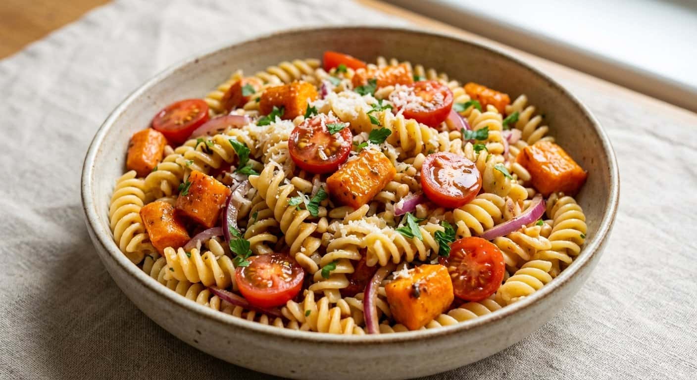 Ensalada fría de pasta con zanahoria y vinagreta de tomate