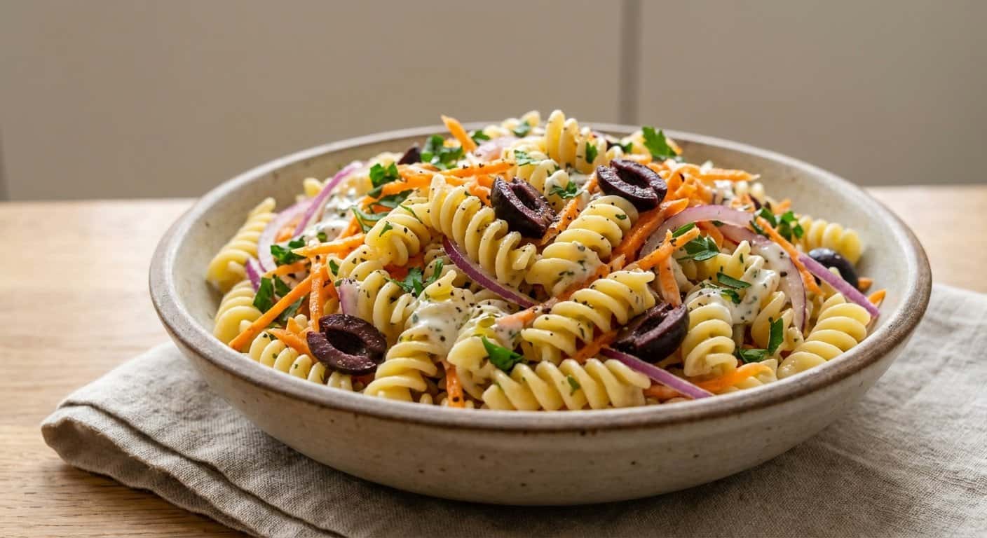 Ensalada fría de pasta con zanahoria y vinagreta de yogur