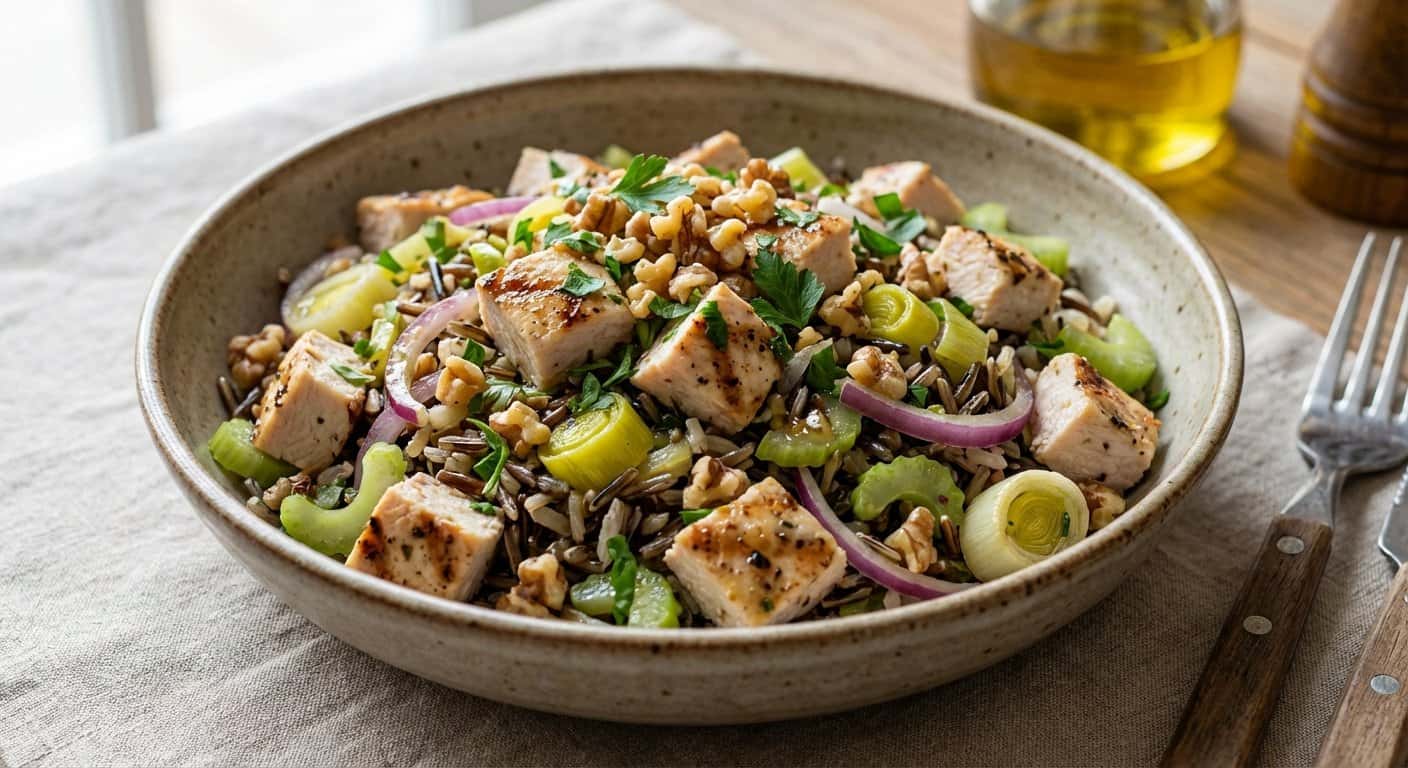 Ensalada fría de pollo con arroz salvaje y puerro
