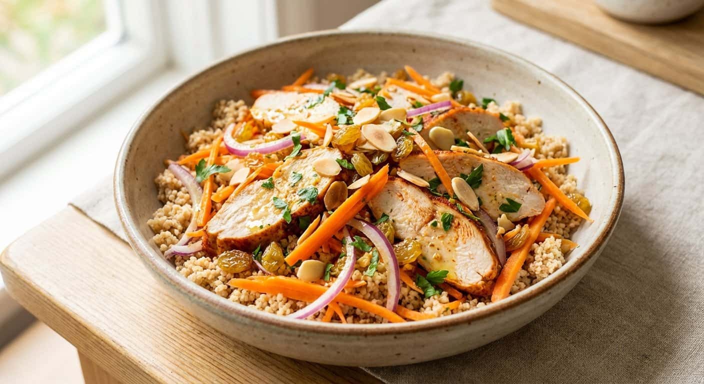 Ensalada fría de pollo con cuscús integral y zanahoria