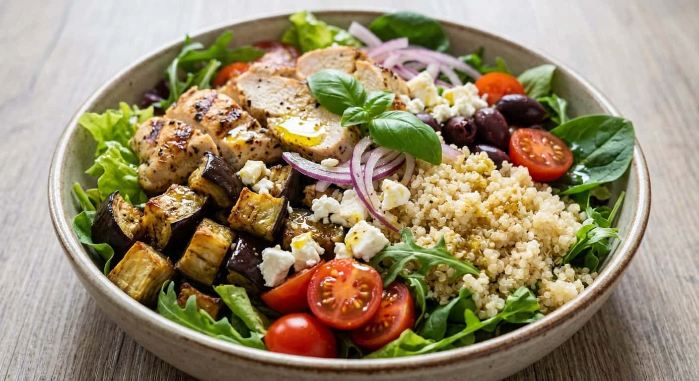 Ensalada Fría de Pollo con Quinoa y Berenjena