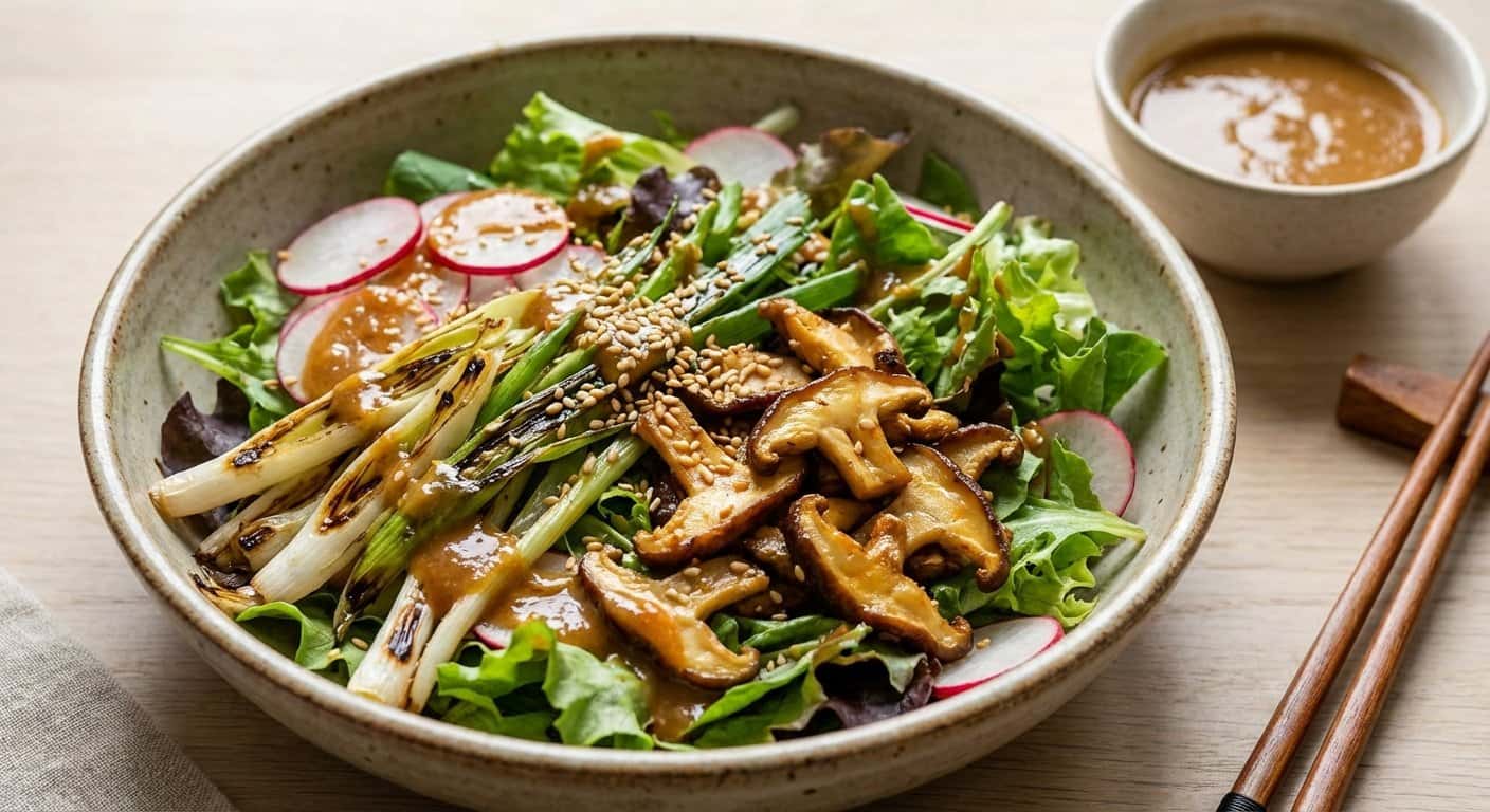 Ensalada Japonesa de Cebolla Tierna con Setas Shiitake y Salsa de Miso