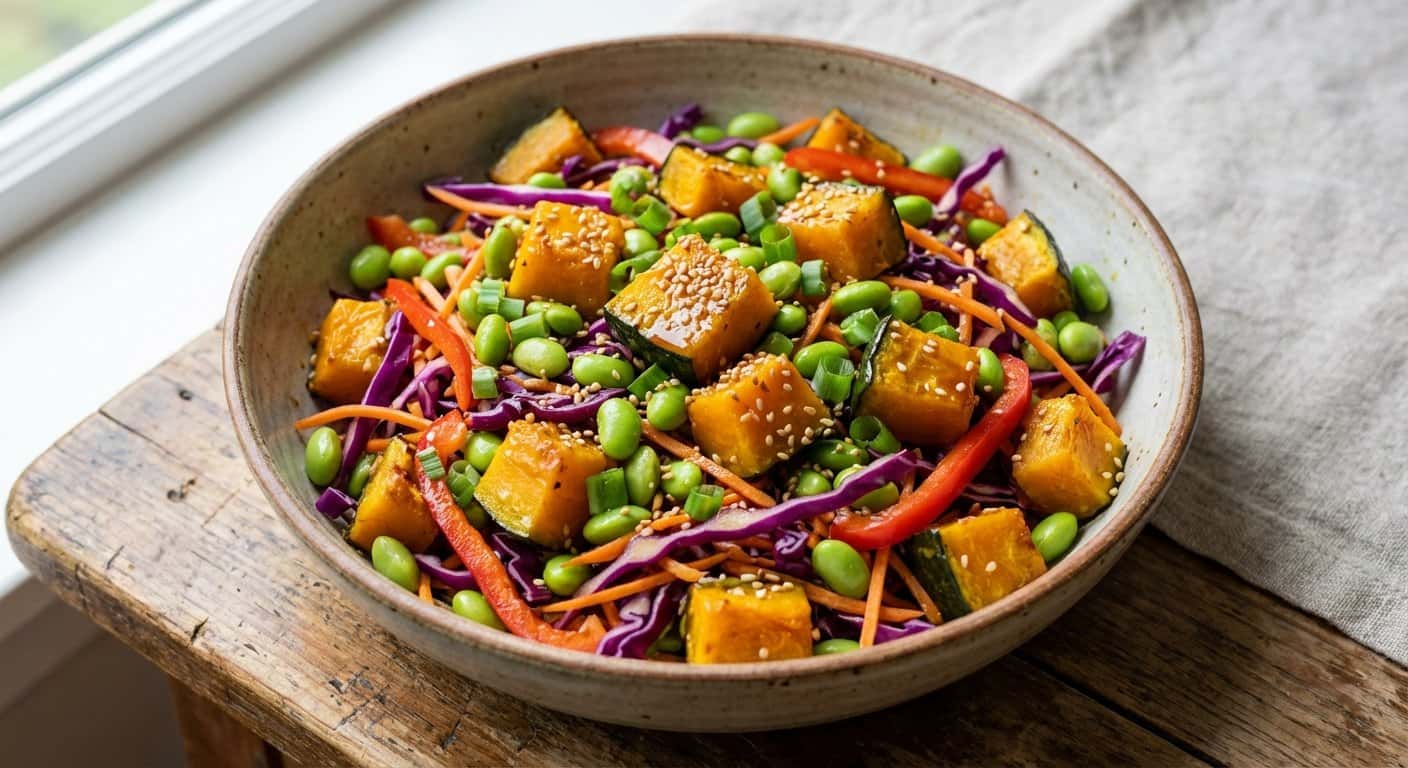 Ensalada Japonesa de Edamame con Calabaza y Salsa Teriyaki