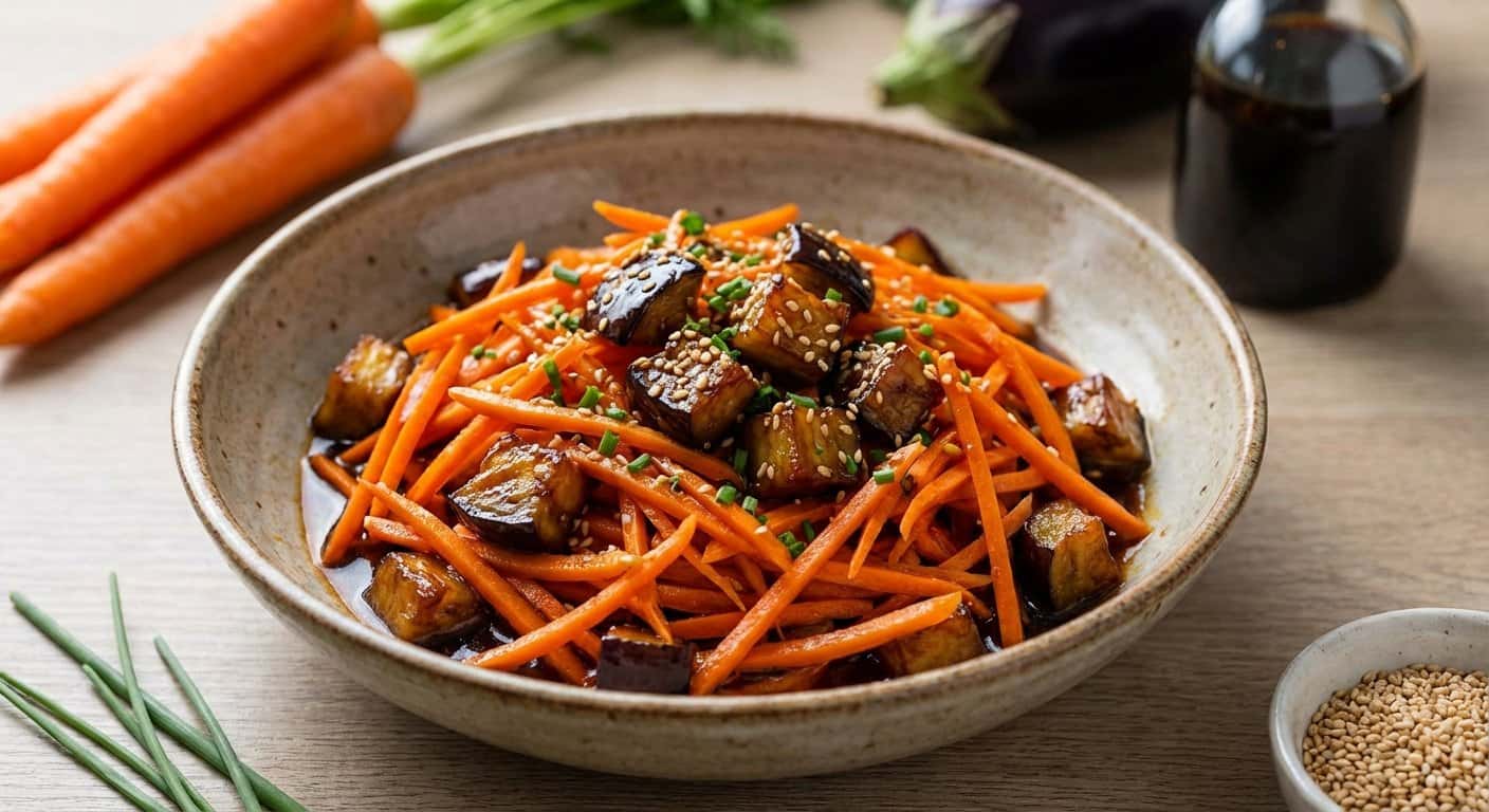Ensalada Japonesa de Zanahoria con Berenjena y Salsa Teriyaki
