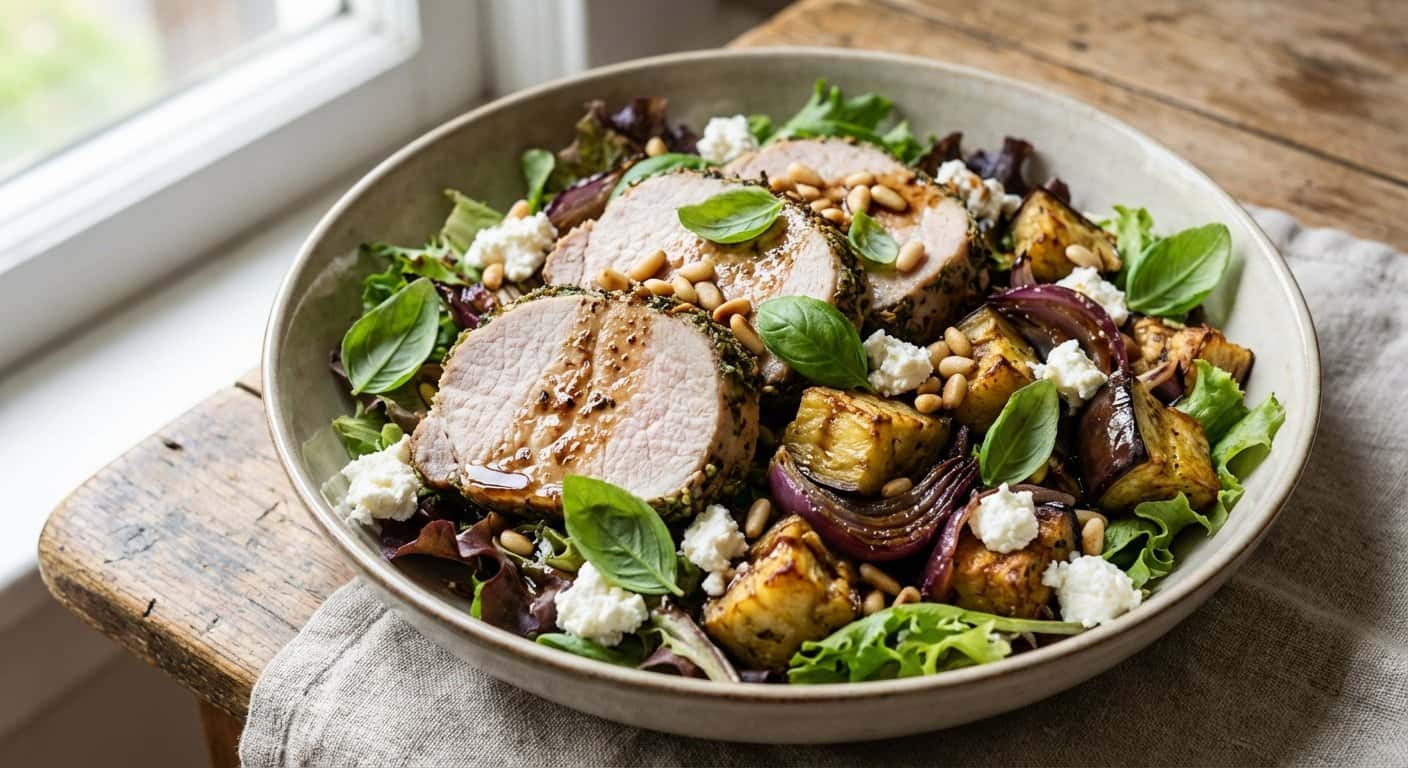 Ensalada templada de lomo de cerdo con berenjena y queso fresco