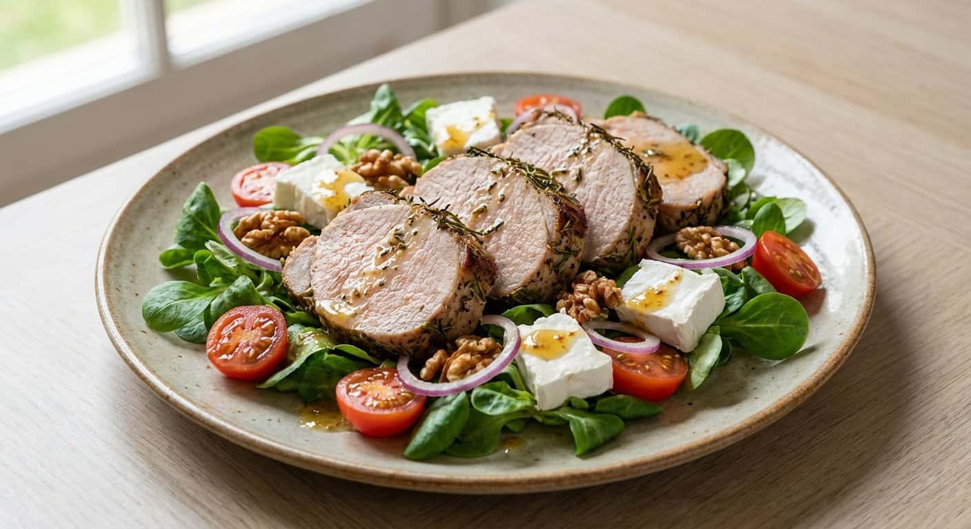 Ensalada Templada de Lomo de Cerdo con Canónigos y Queso Fresco