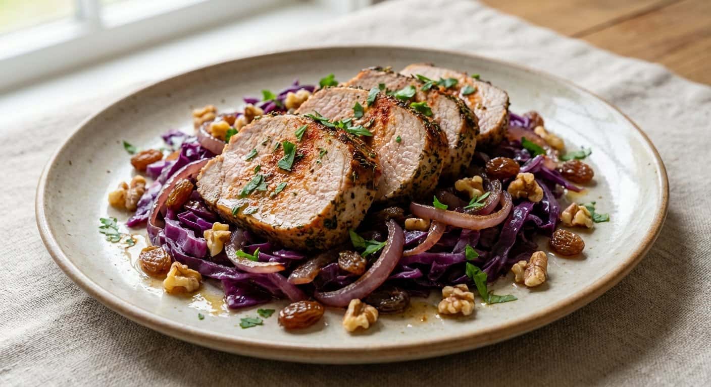 Ensalada Templada de Lomo de Cerdo con Col Lombarda y Cebolla Morada