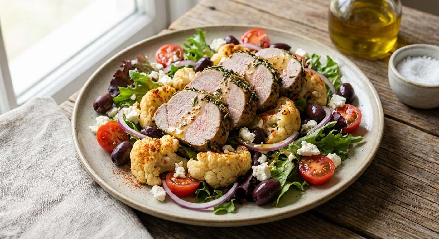 Ensalada Templada de Lomo de Cerdo con Coliflor y Aceitunas