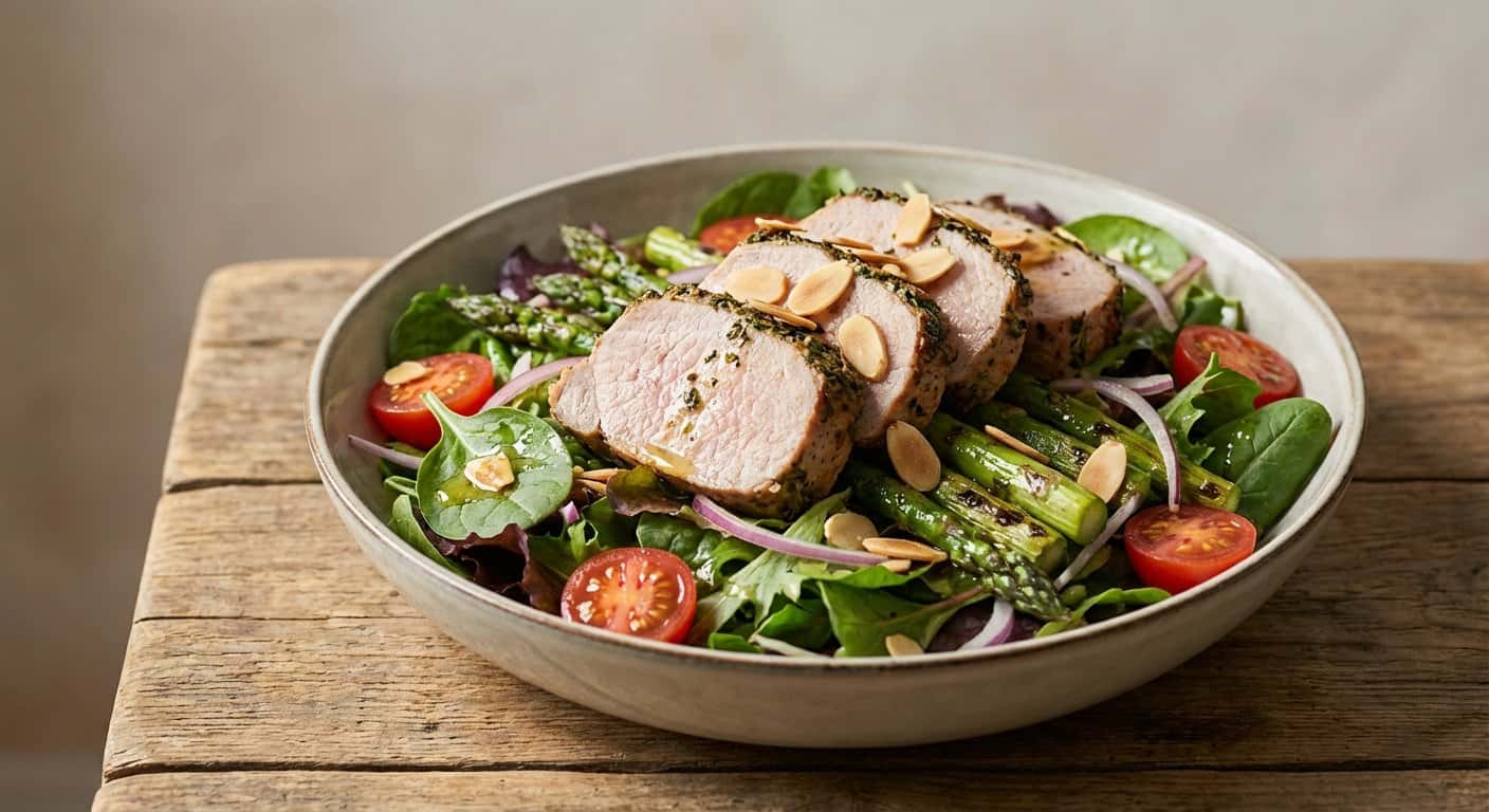 Ensalada Templada de Lomo de Cerdo con Espárragos y Almendras