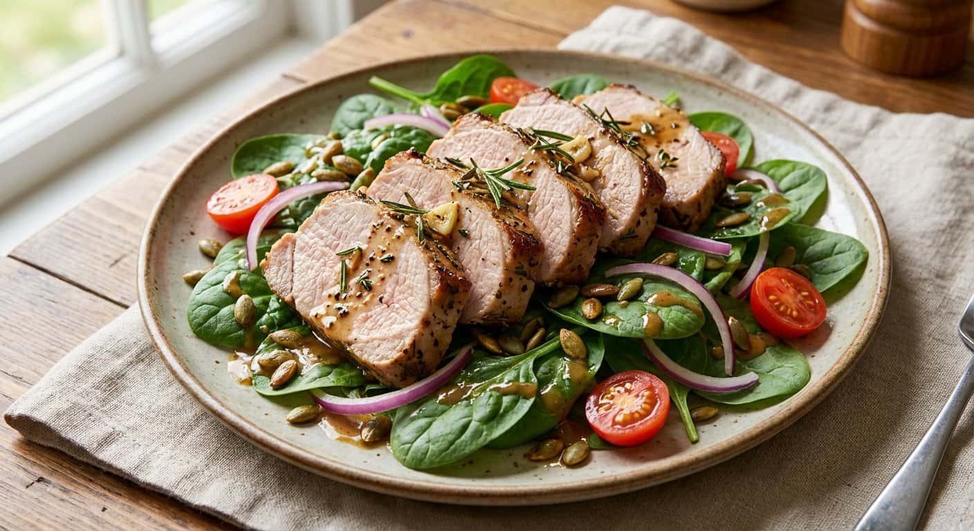 Ensalada Templada de Lomo de Cerdo con Espinacas y Semillas de Calabaza