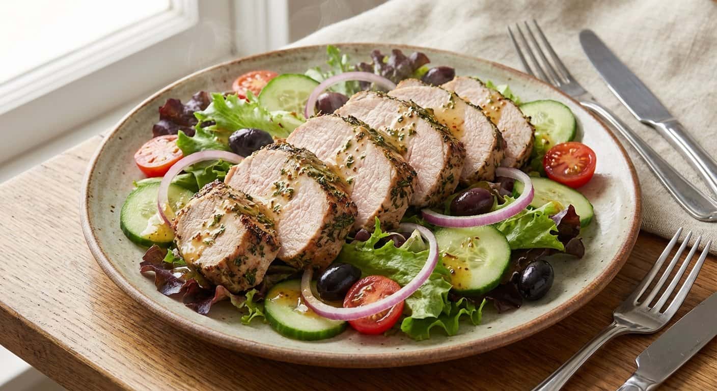 Ensalada templada de lomo de cerdo con pepino y aceitunas