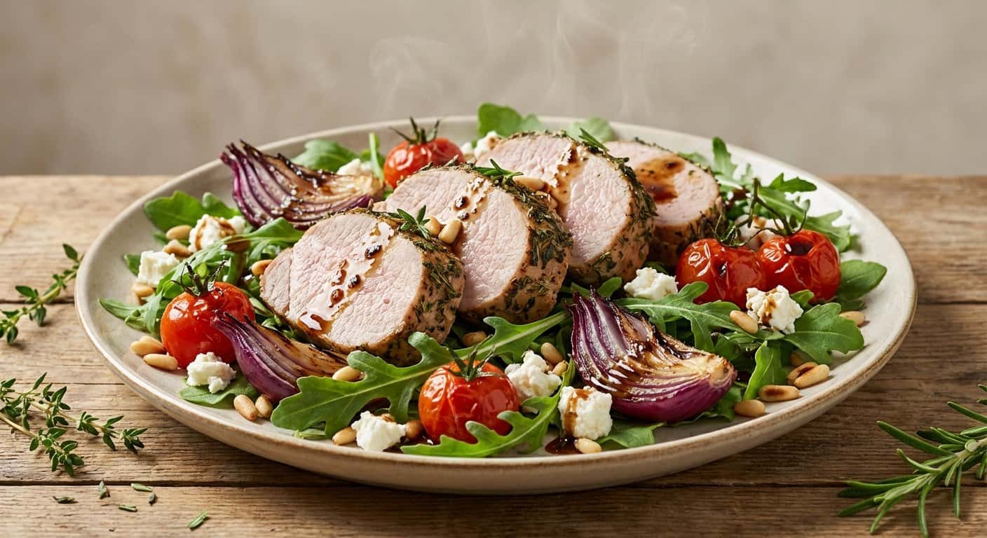 Ensalada Templada de Lomo de Cerdo con Rúcula y Cebolla Morada