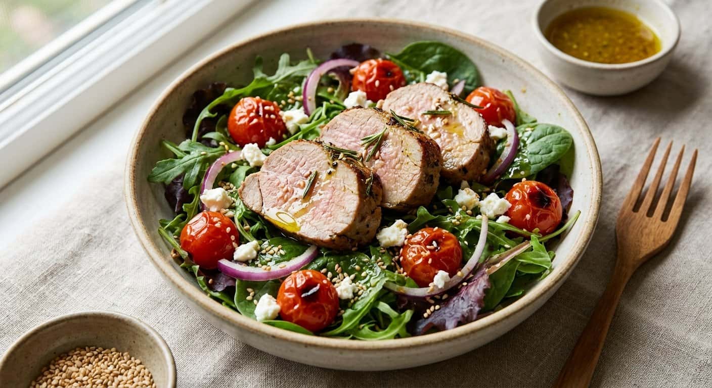 Ensalada Templada de Lomo de Cerdo con Tomate Cherry y Semillas de Sésamo
