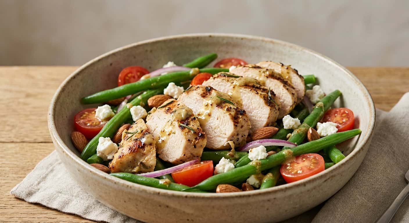 Ensalada Templada de Pollo con Judías Verdes y Almendras
