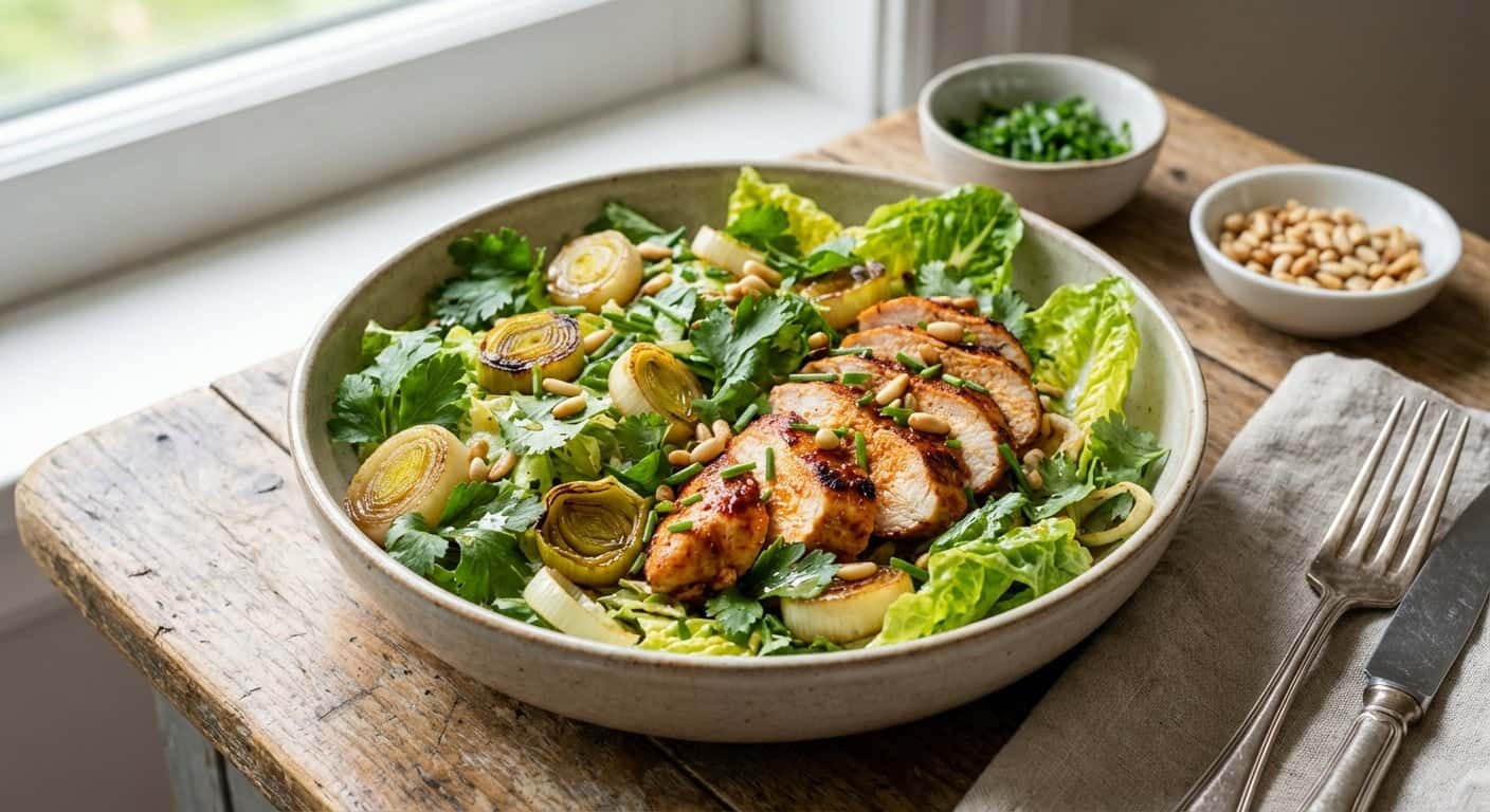 Ensalada Templada de Pollo con Puerro y Hierbas Frescas