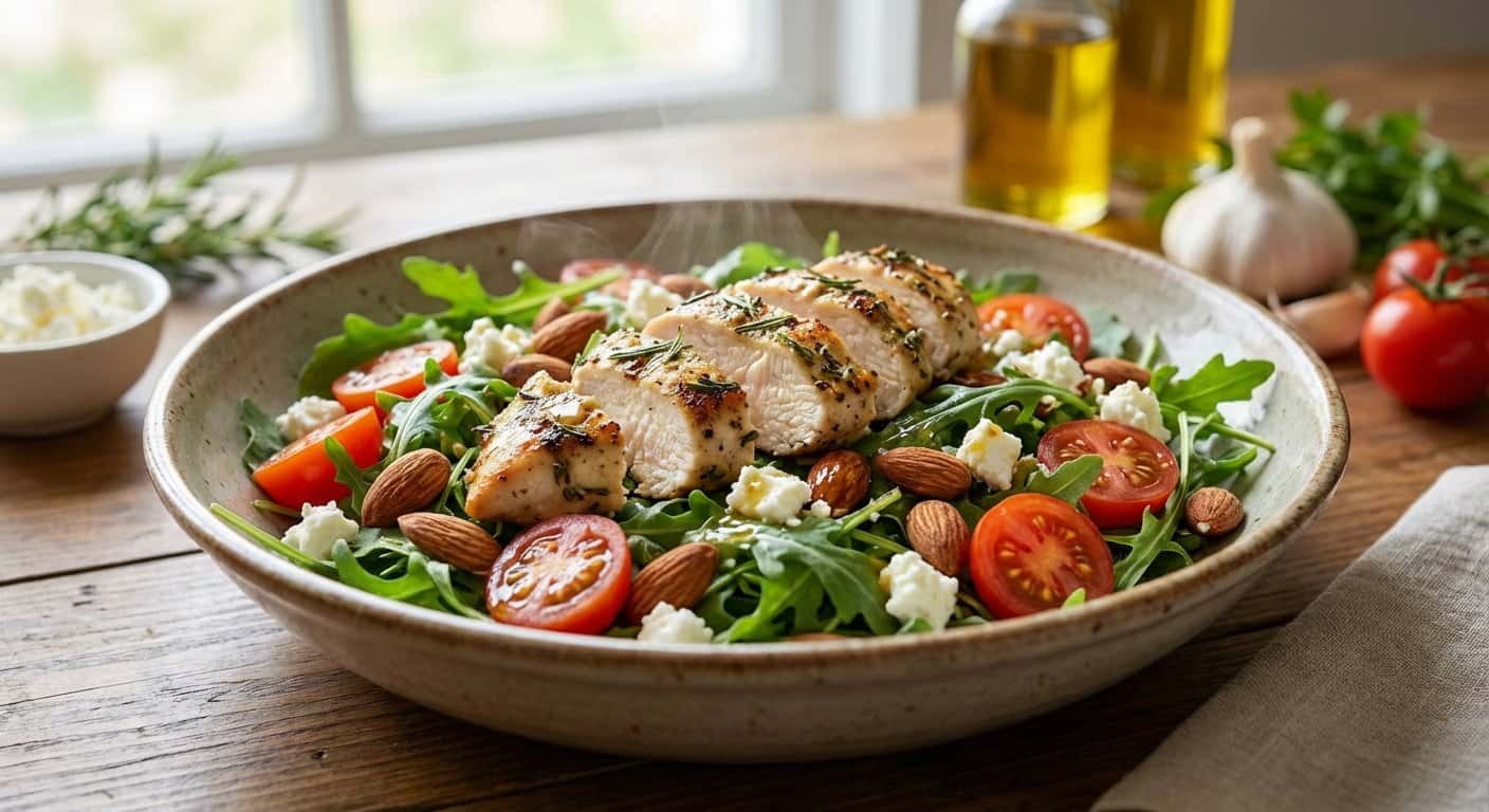 Ensalada templada de pollo con rúcula y almendras