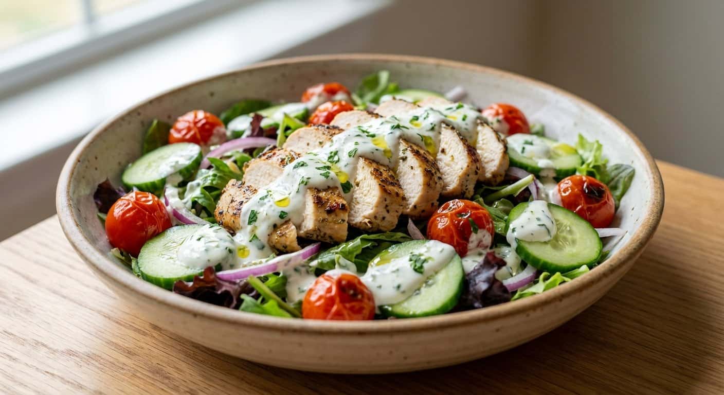 Ensalada templada de pollo con tomate cherry y yogur natural